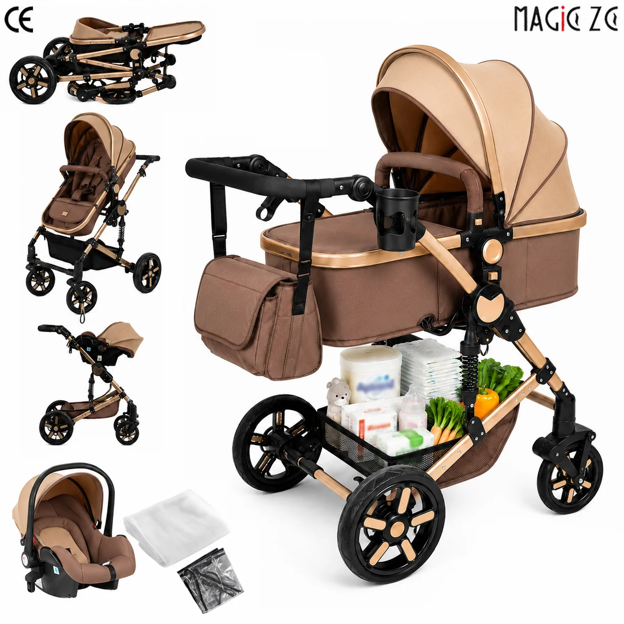3-in-1 Kinderwagen-Reisesystem mit Autositz, leichter, faltbarer, kompakter Rahmen, stoßdämpfende Räder, umkehrbarer Sitz, mehrfach verstellbare Rückenlehne, ausziehbarer Tragegriff, UV-Schutz,