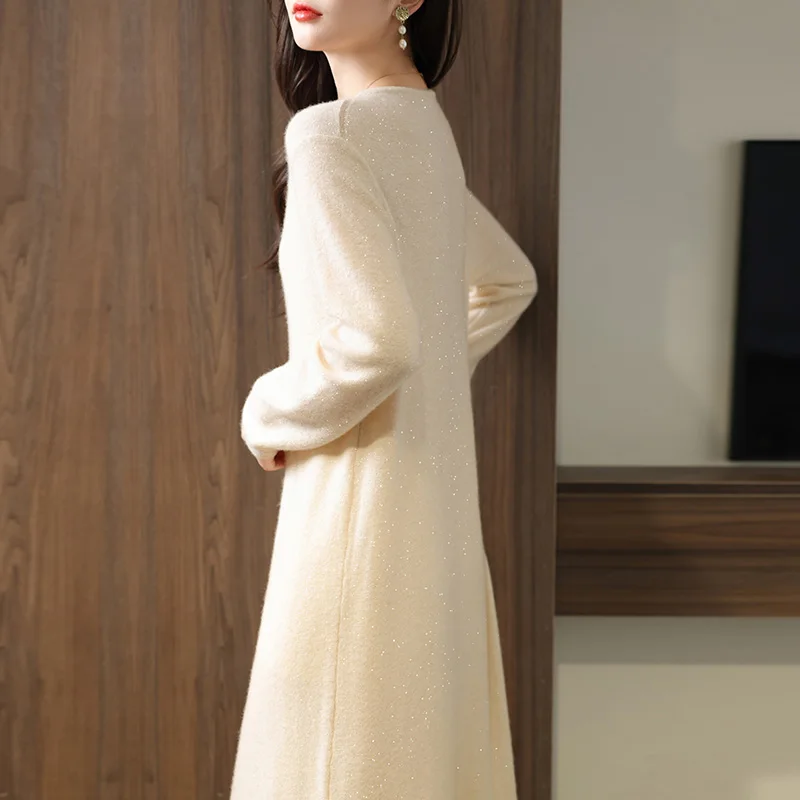 Winter/Autumn Hot Selling O-neck Women's Dress 100% Wool Knitted Women's Long Skirt 2024 Soft and Warm New Long Sweater