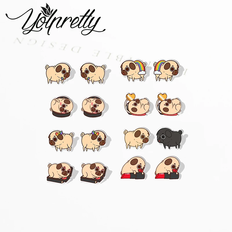 2023 Cartoon Fat Rainbow Puglie Dogs  Acrylic Stud Earrings Resin Epoxy Ear Fashion Jewelry Earrings for Women Girls