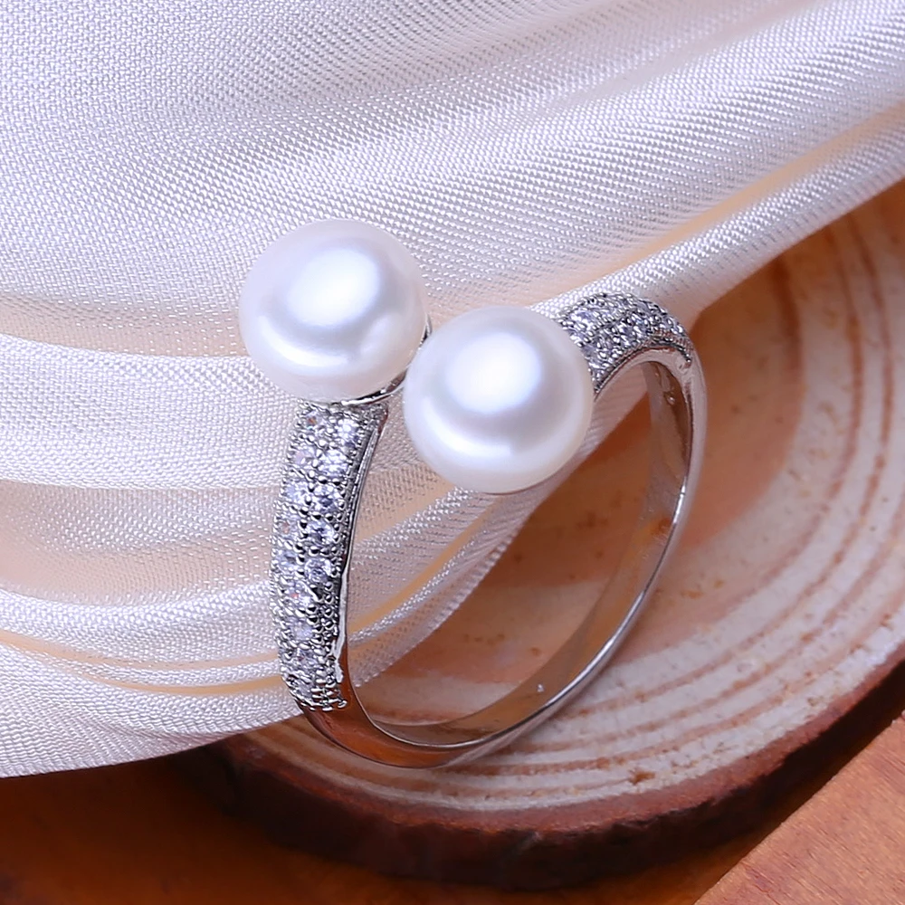 FENASY Natural Freshwater Double Pearl Rings For Women 925 Sterling Silver Party Jewelry Adjustable Wedding Engagement Ring