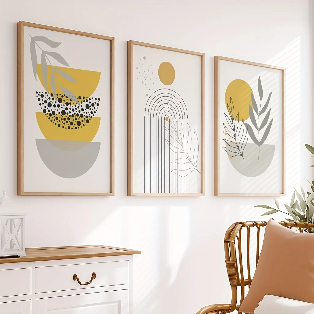 （NOframe 3PCS）-2D Flat, Set of 3pcs Geometric Art, Modern Home Aesthetic Displaying Botanical Prints, Bohemian Style, Abstrac