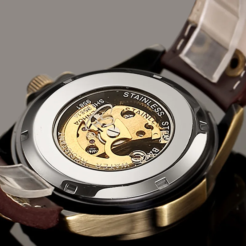 SHENHUA Classic Men Watch Automatic Mechanical Skeleton Clock Antique Bronze Design Sport Watch