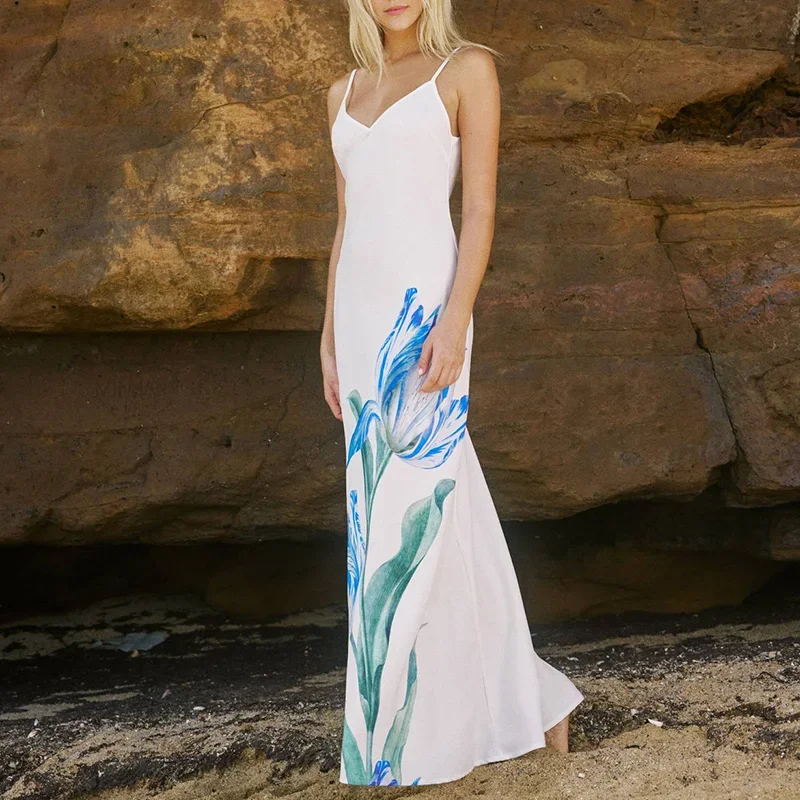 Damska sukienka plażowa Maxi bez rękawów z dekoltem w szpic 2025 Elegancka letnia sukienka z kwiatowym nadrukiem Jednoczęściowa sukienka imprezowa Wakacyjna sukienka z szelkami