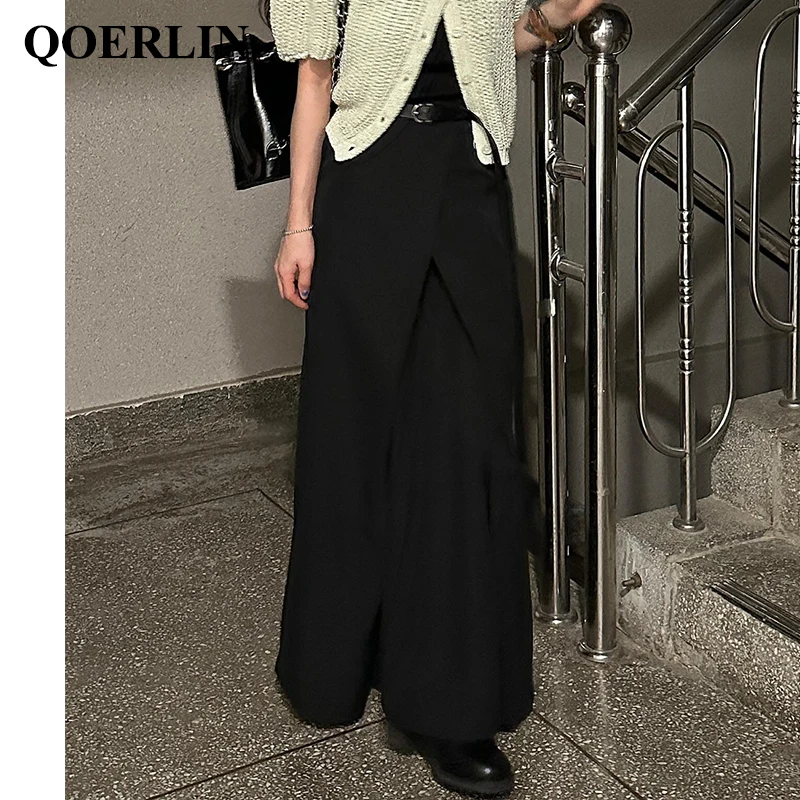 QOELRIN Stylish Criss-Cross Design Long Black White Skirts Maxi Korean Fashion Elastic Waist Elegant Office Ladies Work Clothing