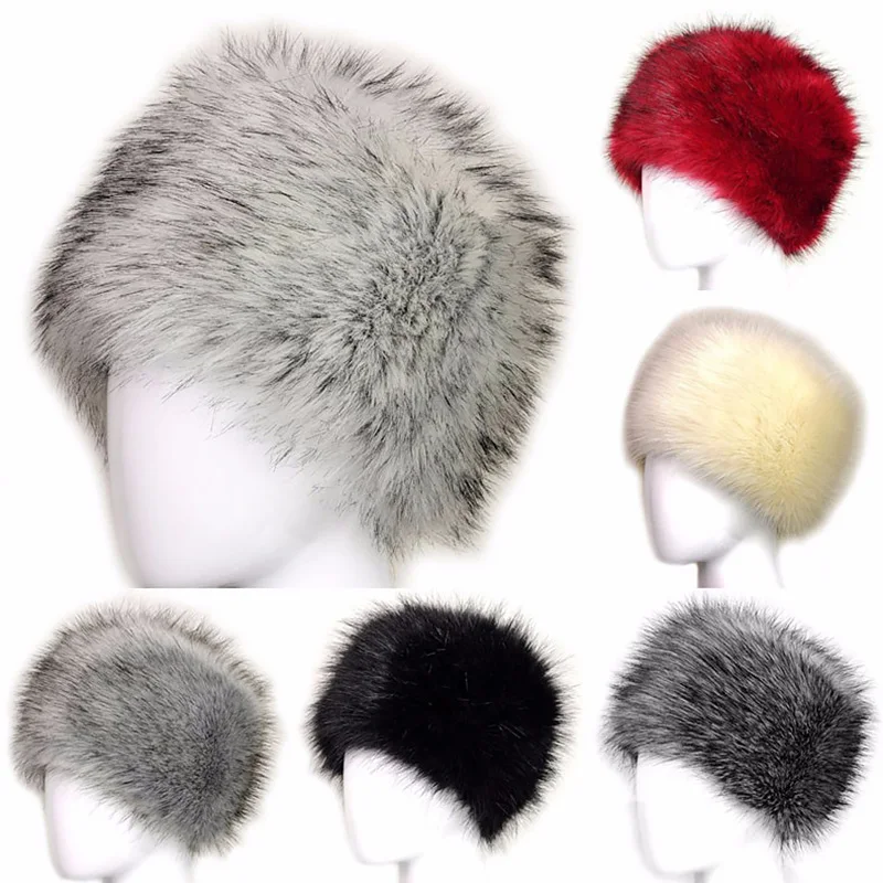 Women Winter Hats Lady Russian Thick Fluffy Faux Fox Fur Hat Fur Headband Furry Wide Headdress Ear Warmer Skiing Hat Accessories