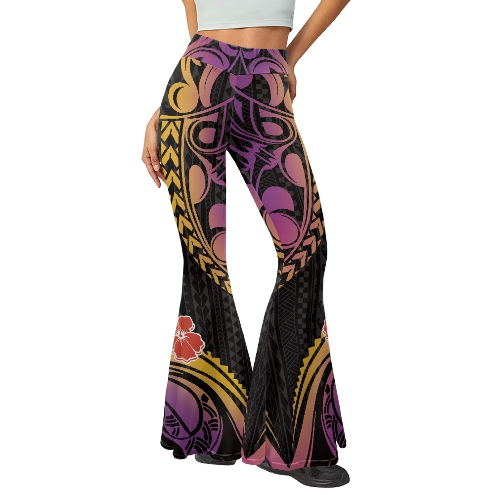 Polynesian Tribal Samoan Totem Tattoo Samoa Prints Lady Sexy Tight Hibiscus Yoga Flared Pants Soft Breathable Polyester Fabric