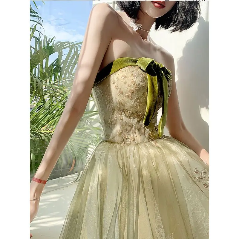 Summer Women's Bra Evening Dress Sleeveless Open Back Green Bow Decoration Floor-length Formal Dresses Mori Fresh Ball Gown