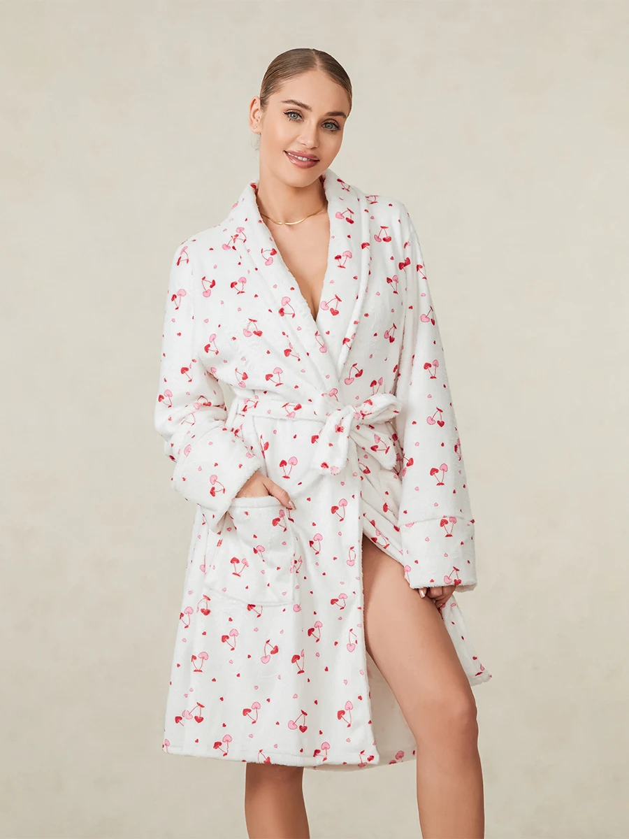 Women Dressing Gown Robe Cherry Print Shawl Collar Bathrobe for Hotel Spa Party Kimono Robe with Belt