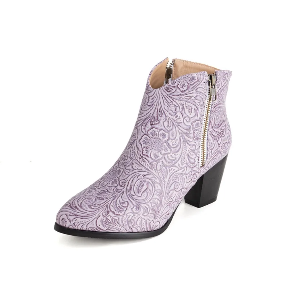 

Women Embossed Western Ankle Boots Block Heel Side Zipper Vintage Fashion Boots Multi Color Plus Size 32-54 20-35