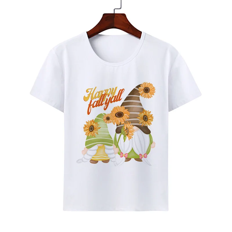 Lovely Harvest Festival Solid Color Short-sleeved Casual Boys and Girls White T-shirt Maple Sunflower Round Neck Children's Wear