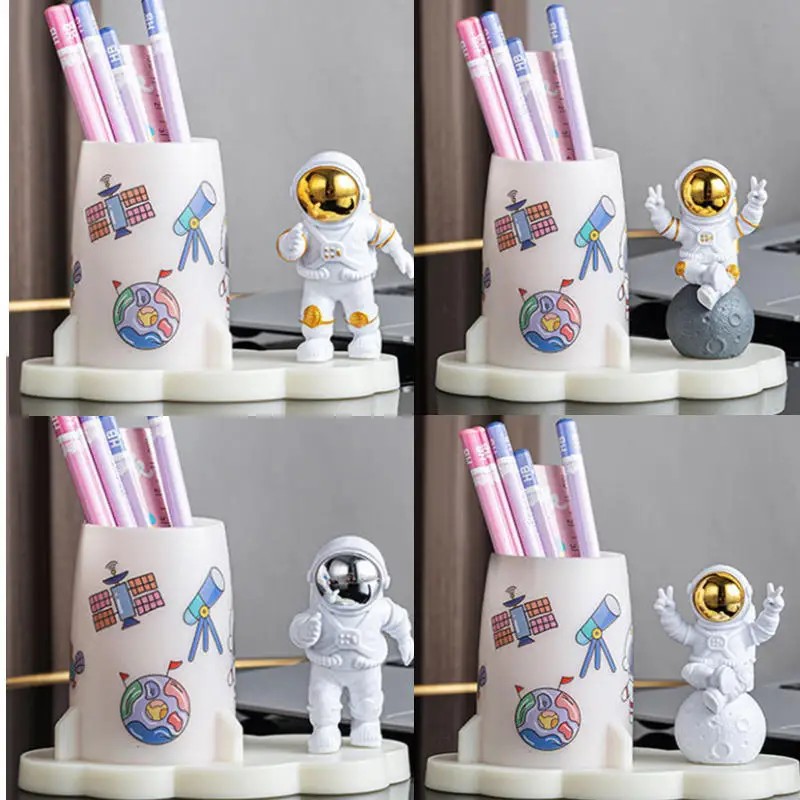 Creative Pen Holder Desktop Organizer Pencil Container Student Stationery Shelf Case Astronaut Figurine and DIY Sticker Decor