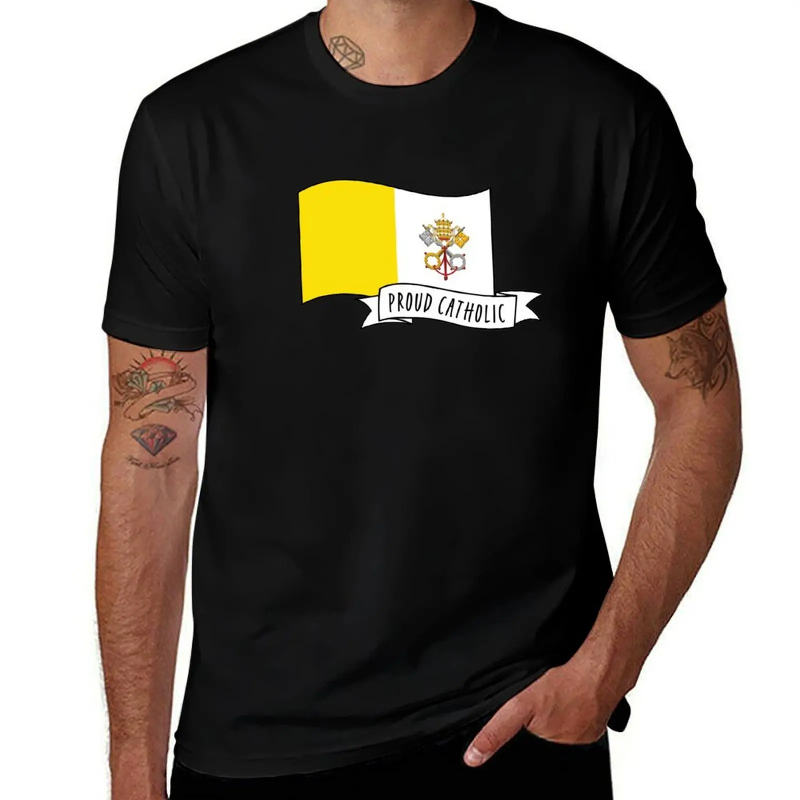Proud Catholic: Banner and Vatican City Flag T-Shirt Basic Breathable Solid Color T-Shirt