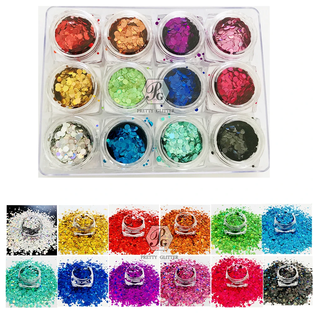 

PrettyG 1 Set 12Color Box 123mm Dot Mix Sequins Glitter Shape Holographic Color Nail Glitter For Resin DIY Nail Art Decoration