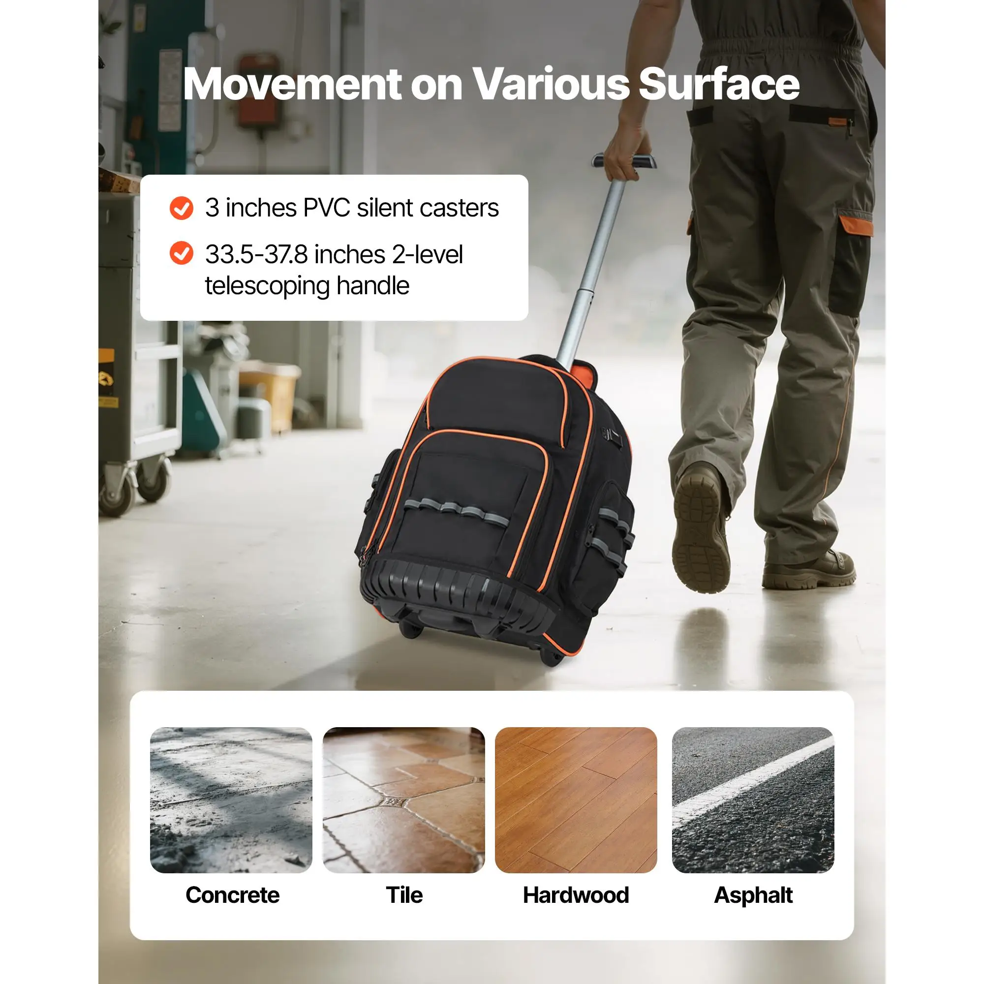 Rolling Tool Backpack 110 lbs Load Capacity 45 Pockets Heavy Duty Organizer with Wheels Adjustable Telescoping Handle Stable Base for construction Mechanic