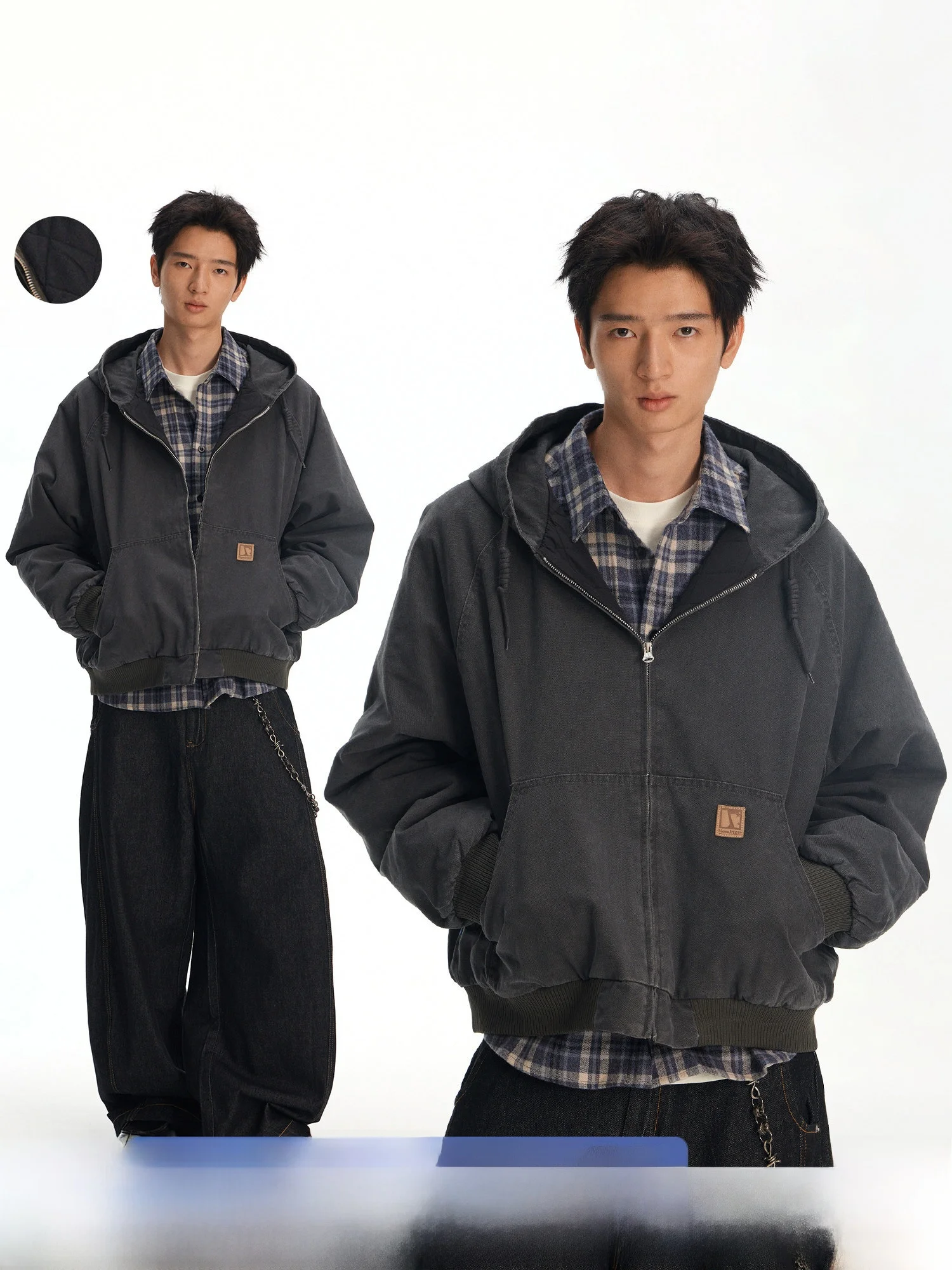 

NewJNXS Men's Cotton Jaet Winter Thiened Waed Fading Hooded Coat with Large Capaci kets Leather Tag Casual Workwear