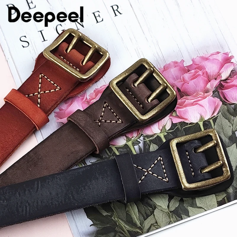 

Deepeel 38mm Men’s Genuine Leather Belt Male Thick Cowhide Belts Pure Copper Double Needle Buckle Waistband Retro Jeans Decor