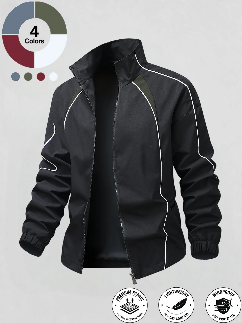 New Men Stand Collar Color Block Windproof Jacket, Contrast Splicing With White Line Decoration, Elastic Cuffs, Warm Durable Fabric, 4 Colors, Autumn Winter Outdoor Sports Zip Coat