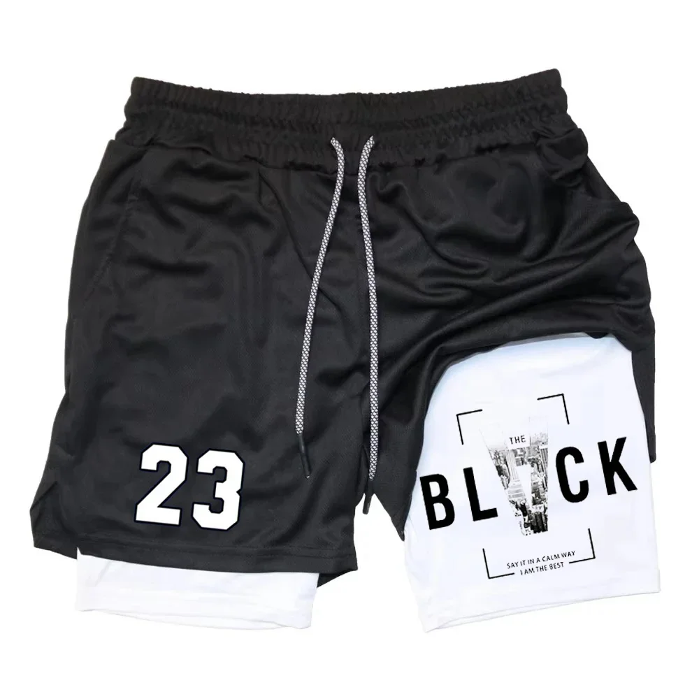 

Men's casual 23 printed double-layer sports shorts with drawstring and two in one sports shorts for fitness and exercise pants