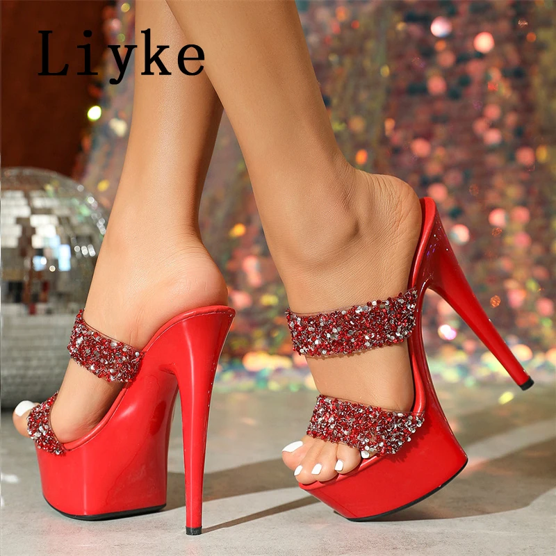 

Liyke 2024 New Gold Red High Heels Sexy Slippers For Woman Street Fashion Sequined PVC Strap Open Toe Platform Shoes Sandals