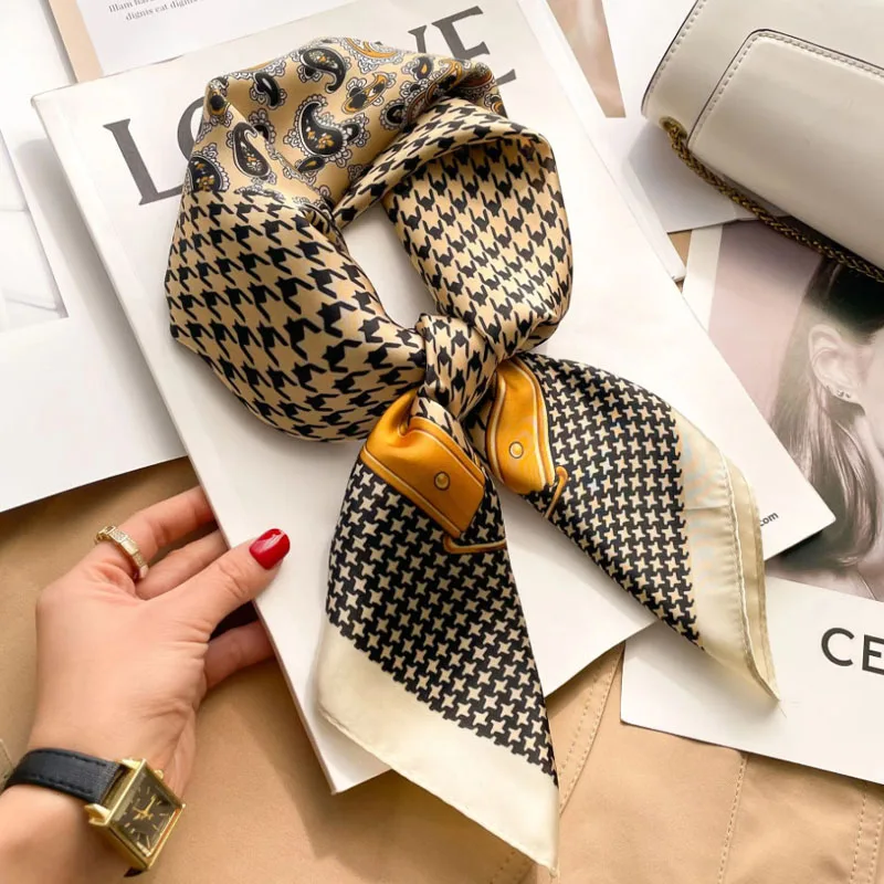 High Quality Houndstooth Silk Scarf Neckerchief Women's Silk Square Scarf Purse Luxury Scarf for Women Designer Silk Headscarf