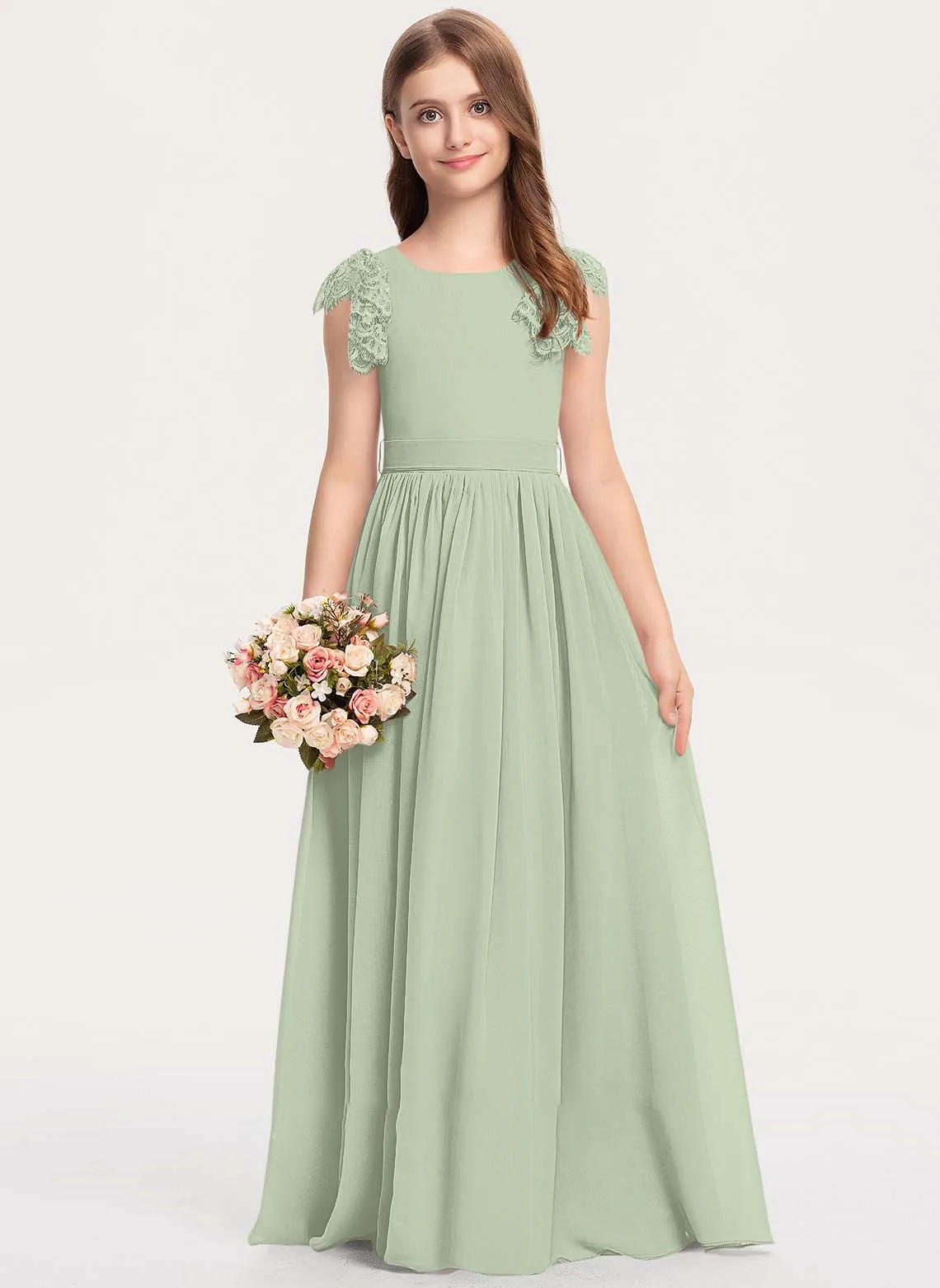 A-line Floor-Length Chiffon Flower Girl Dress Chiffon Junior Bridesmaid Dress  pageant dress With Bow 4-15T（6 colors)