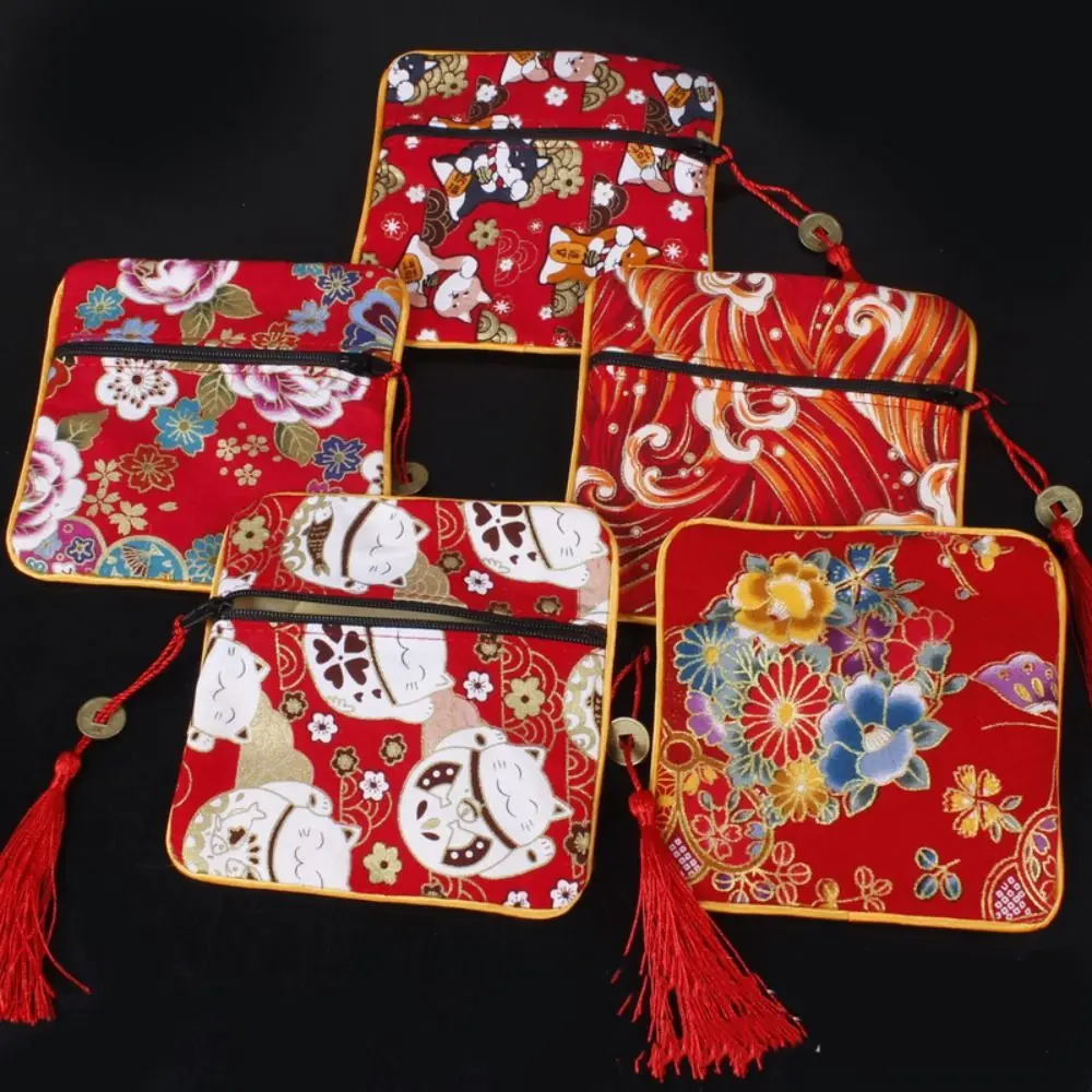 Monedero de tela de estilo chino Maneki Neko, billetera de tela con borlas, bolsa de regalo, estuche de joyería bordado, bolsa de almacenamiento de joyería para mujer