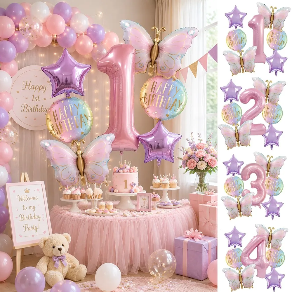 7-teiliges Set 32 Zoll Rosa Zahlen- und Schmetterlingsballons, Happy Birthday Party Deko-Set für Kinder, Babyparty und Feiern