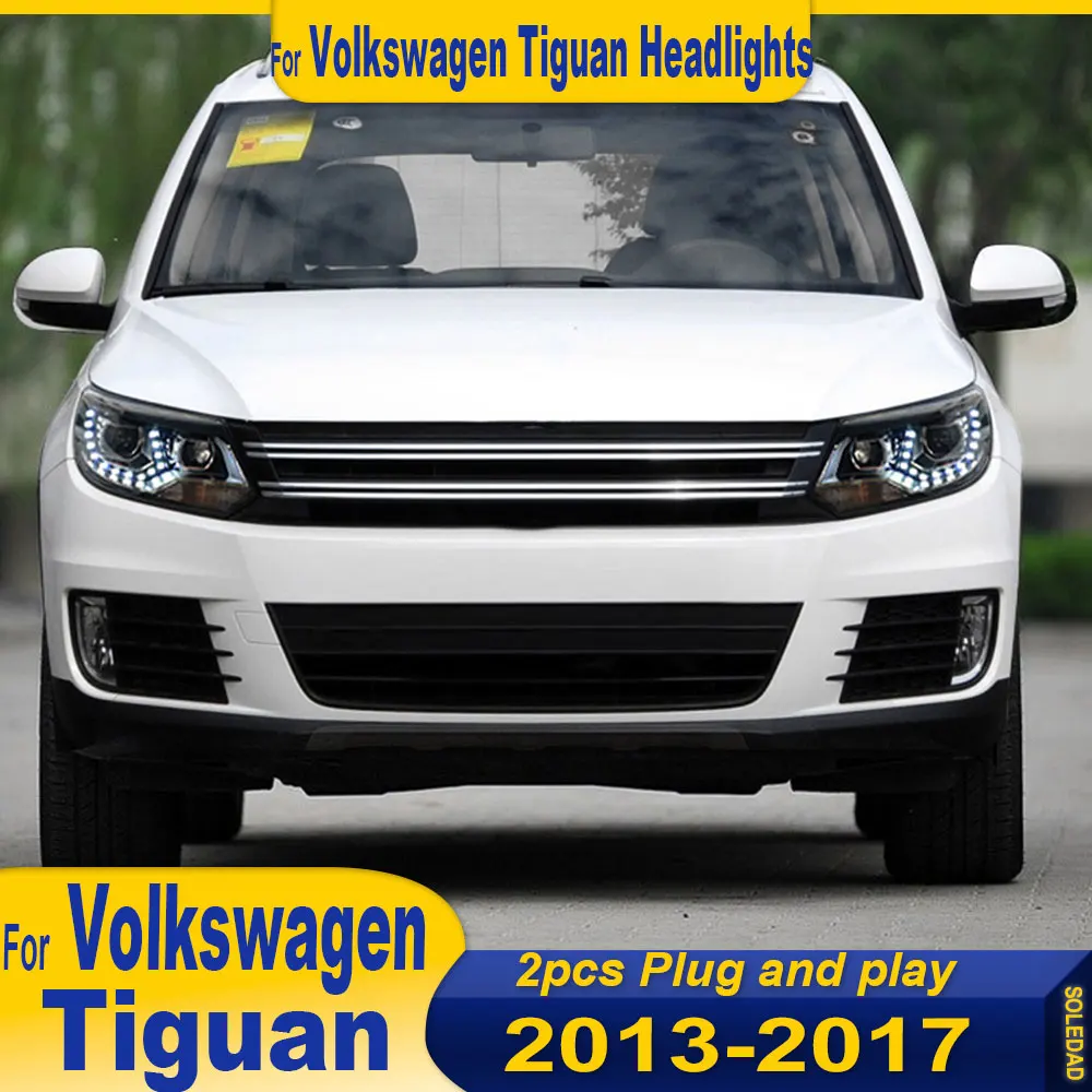 

Автомобильные светодиодные фары для VW Tiguan 2012-2017, Стайлинг отрывающихся глаз, светодиодные дневные фары, двойной проектор, DRL, автомобильные аксессуары, подтяжка лица