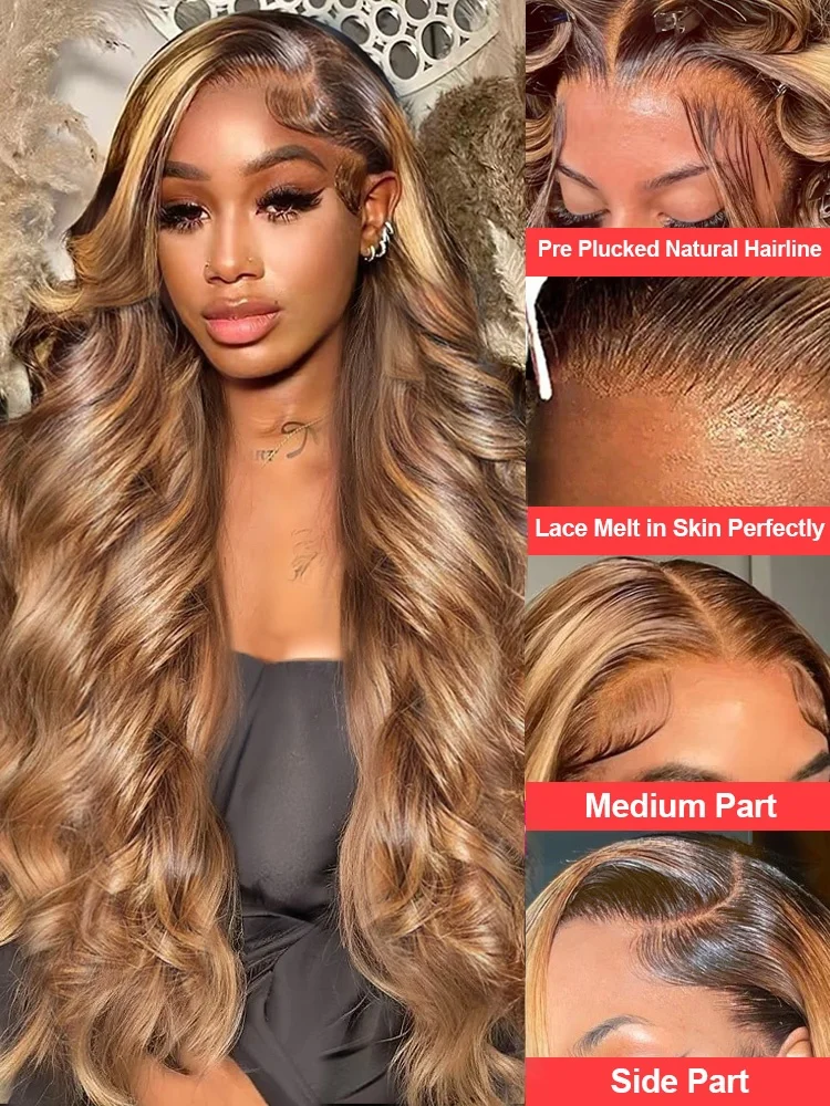 Perruque Lace Front Wig Body Wave Naturelle, Cheveux Humains, Couleur Blond Miel, 13x6, 40 Pouces, à Reflets, pour Femme