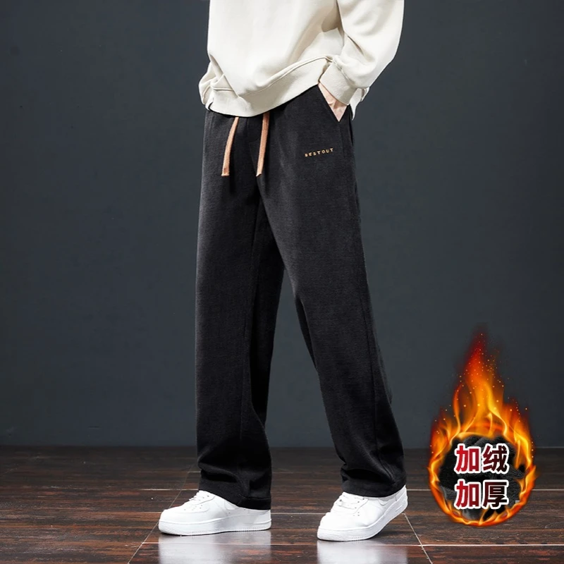 

Autumn Winter Warm Fleece Corduroy Pants Men Outdoors Thick Velvet Flocking Plush Straight Korea Casual Trousers Male Gift