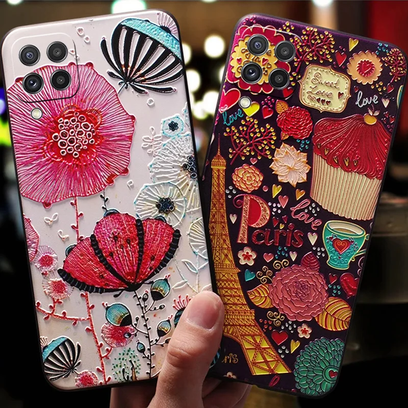 3D Flower Relief Silicone Case for Samsung M12 M23 5G M33 M53 Cover Emboss Soft Black Bumper for Galaxy M54 5G M14 A02S A03S