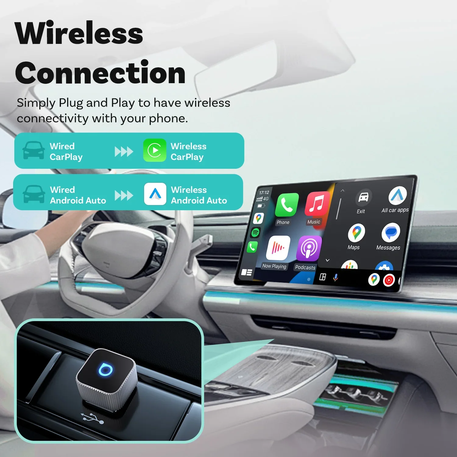 Ottocast Mini Slim Wireless CarPlay Android Auto Adapter Plug Play Fast Connect Mini USB Dongle لمرسيدس بنز أودي تويوتا et