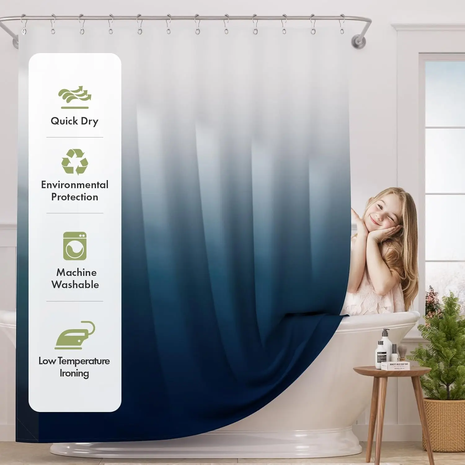 Blue Curtain Set with 12 Hooks, Washable Fabric Navy and White Curtain, Rustic Farmhouse Bathroom