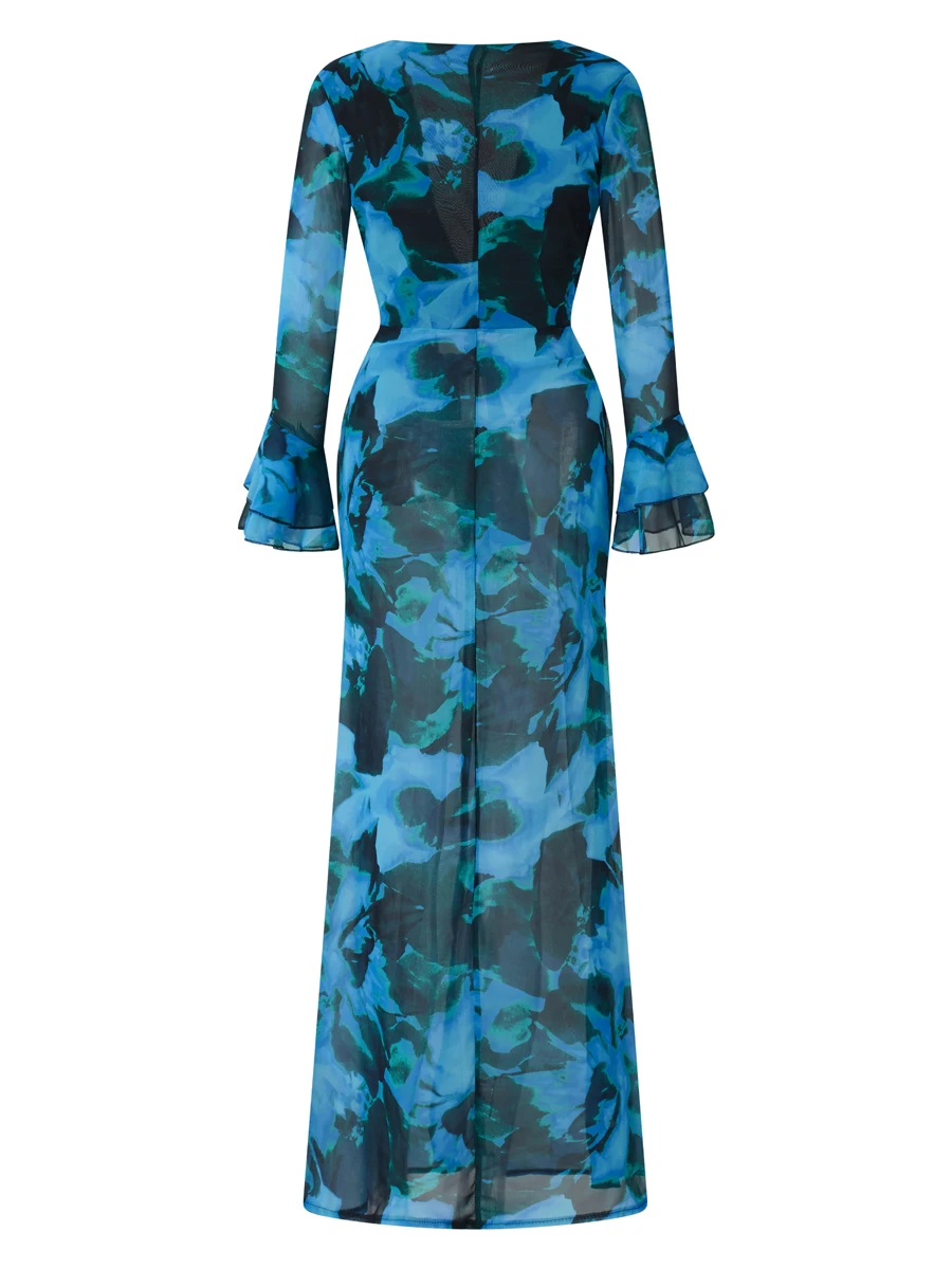 Elegant Blue Floral Print Long Sleeve Long Dress for Women Ruffle See Through Summer Beach Coverups Vacation Party Y2k