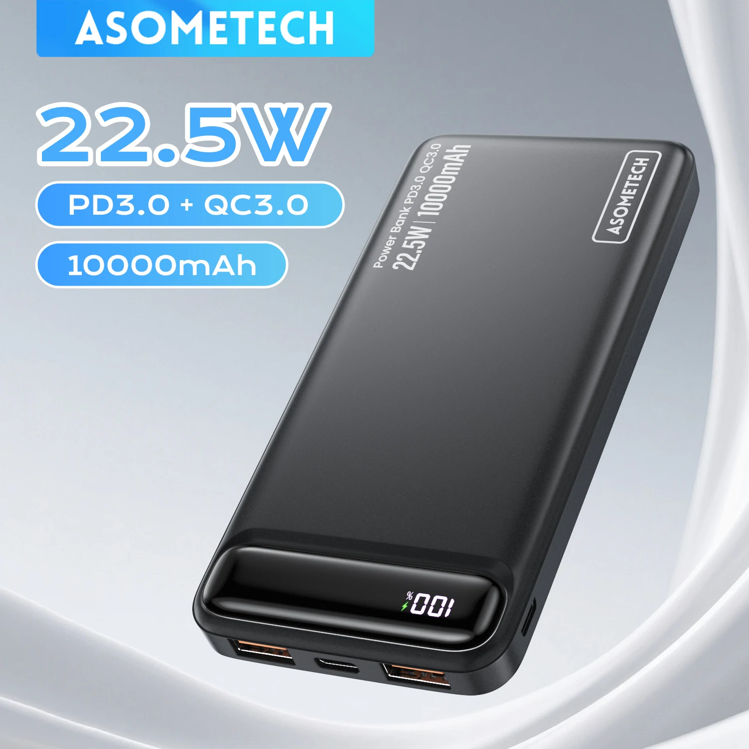 ASOMETECH Power Bank 10000mAh PD Type-C Fast Charge Portable Battery