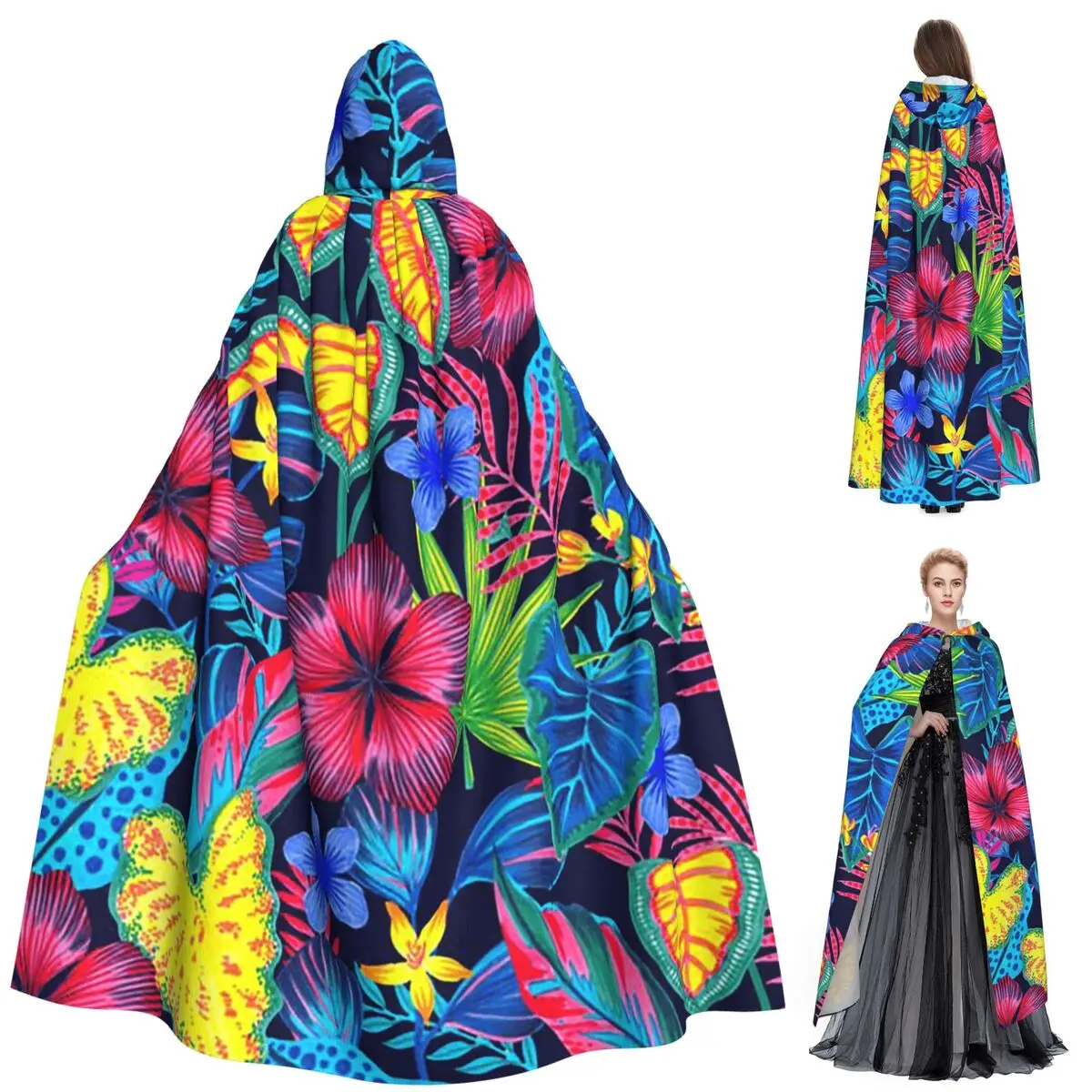 Capa larga con capucha y estampado Floral de flores exóticas en la selva tropical, disfraz Medieval de bruja, capa de Cosplay para fiesta de Halloween, Unisex para adultos