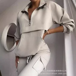 Apricot Casual Pullover Sports Suit Trousers Women Long Sleeve Sweatshirt Coats 2 Piece Sets Outfits Pencil Pants Trousers