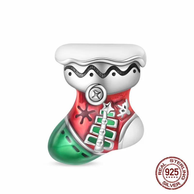 

925 Sterling Silver Christmas Stocking Pendant Bead Inlaid with Zircon Paired with an Original Bracelet DIY Womens Jewelry Gift