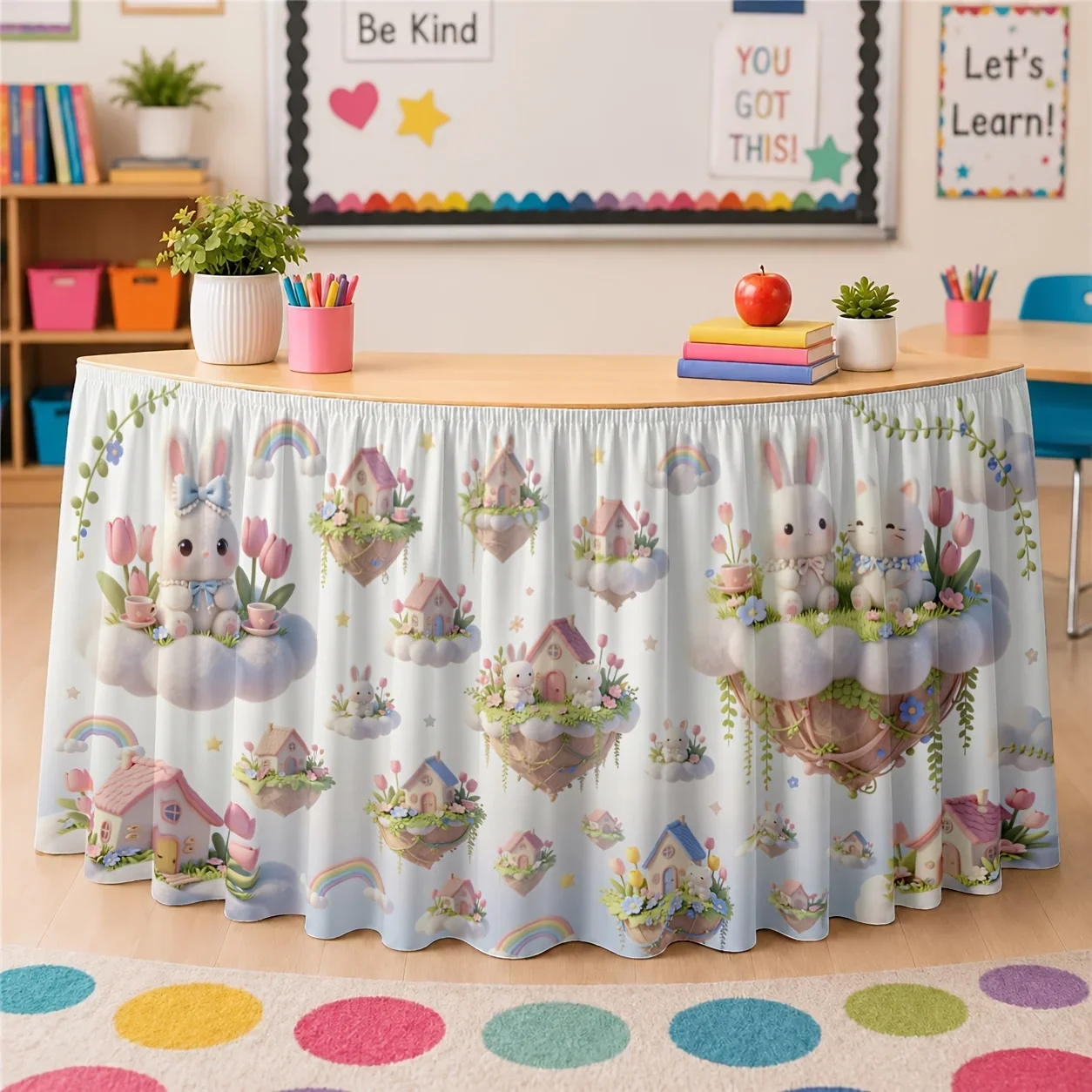 One table skirt made of polyester, featuring cute pastel colors, dreamy and imaginative design, floating island effect
