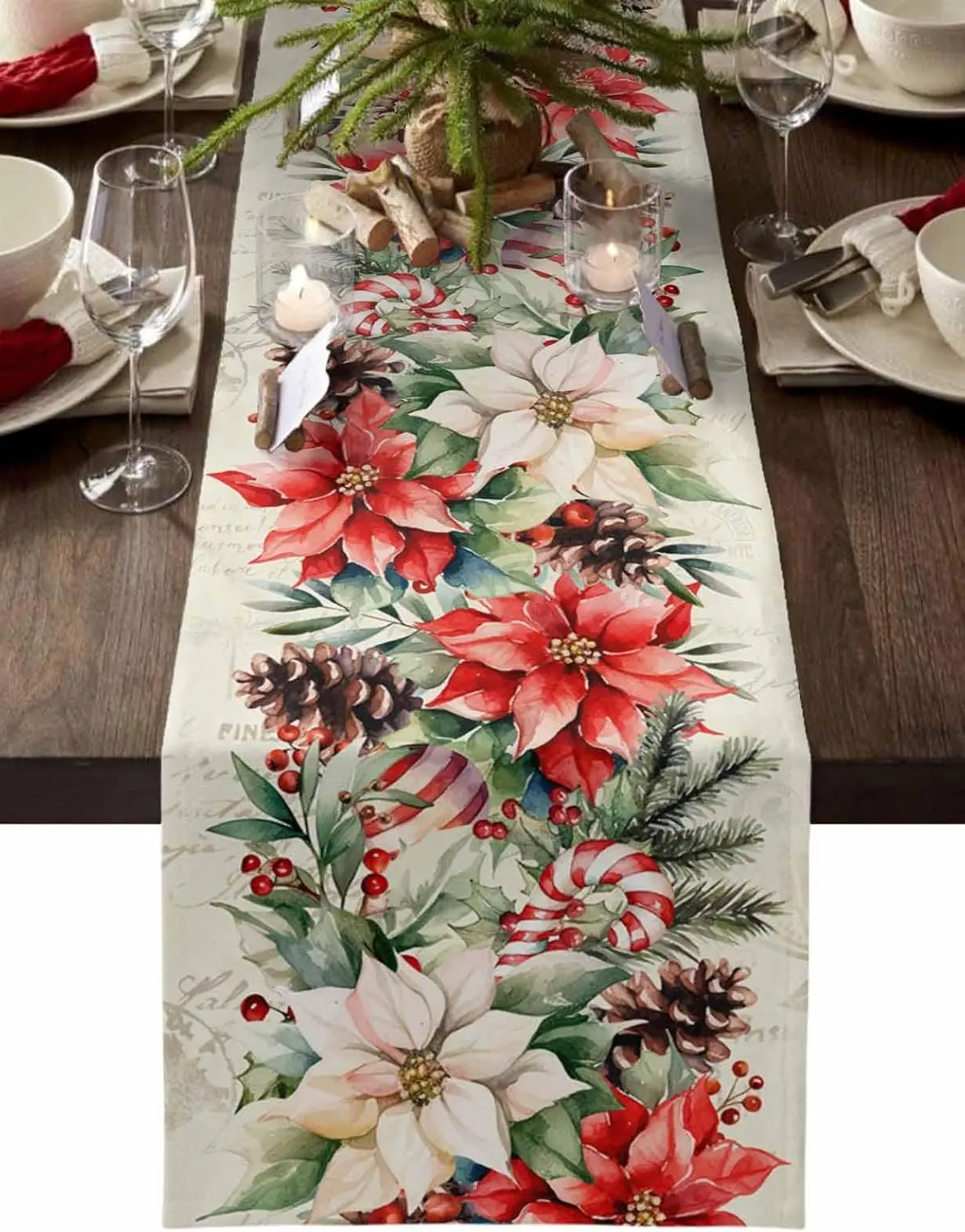 Christmas Poinsettia Pine Needle Pine Cone Linen Table Runner for Table Decor Xmas Botanical Table Runner Christmas Decorations