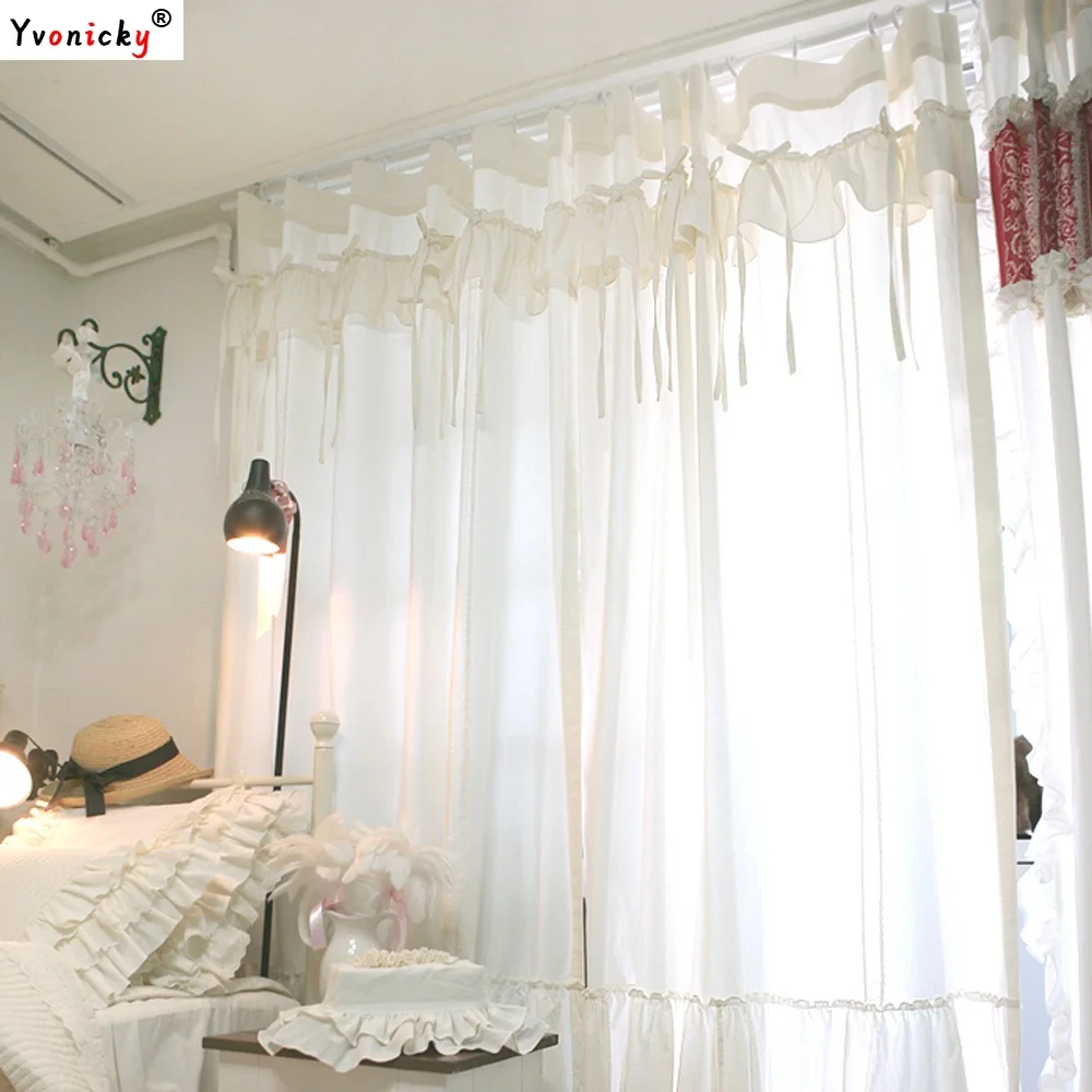 

Light Flittering Curtains for Girl's Bedroom, Korean, Elegant,Cream White Window Drapes, 100% Cotton Curtain with bowties