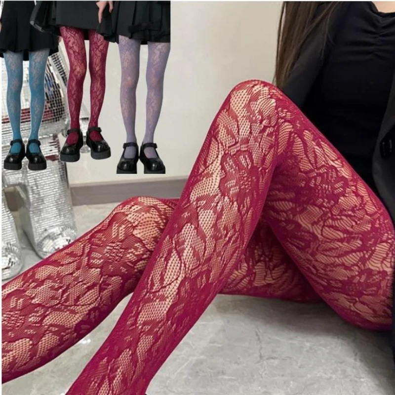 Y2K Mode Gothic Blumenmuster Ausgeschnittene Sexy Strumpfhose Damen Netzstrumpfhose Weinrot Ins Hot Girls JK Strumpfhosen Hochelastische Hipster Leggings