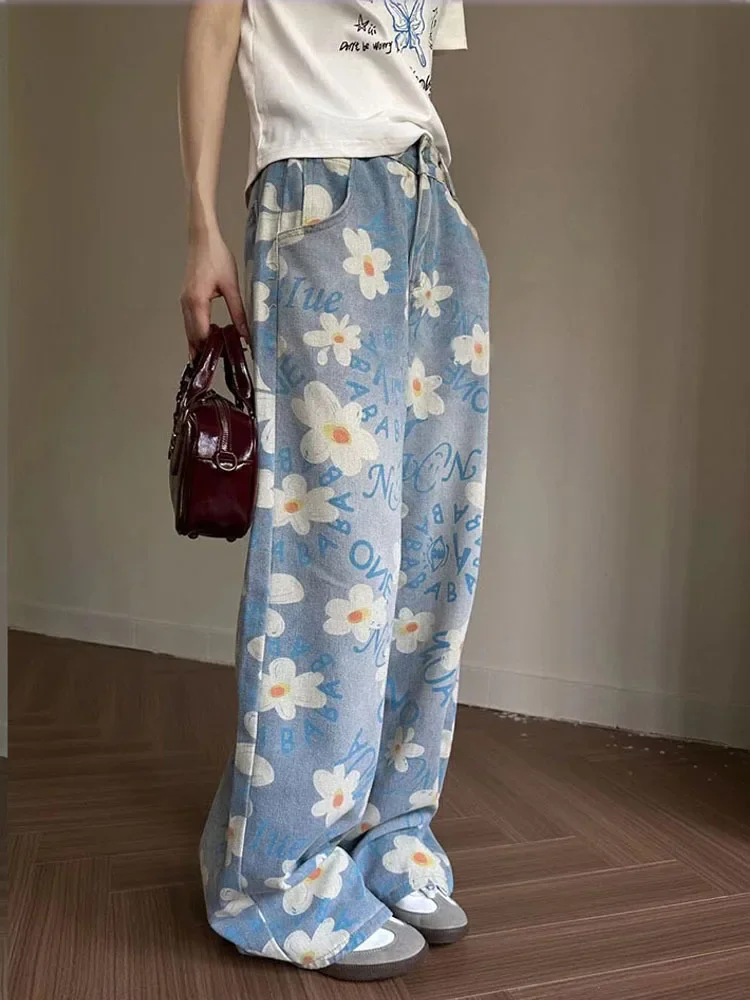 Vintage Baggy Blue Women's Jeans Straight Loose High Waist Trousers Flower Printing Streetwear Fashion Mom Denim Wide Leg Pants