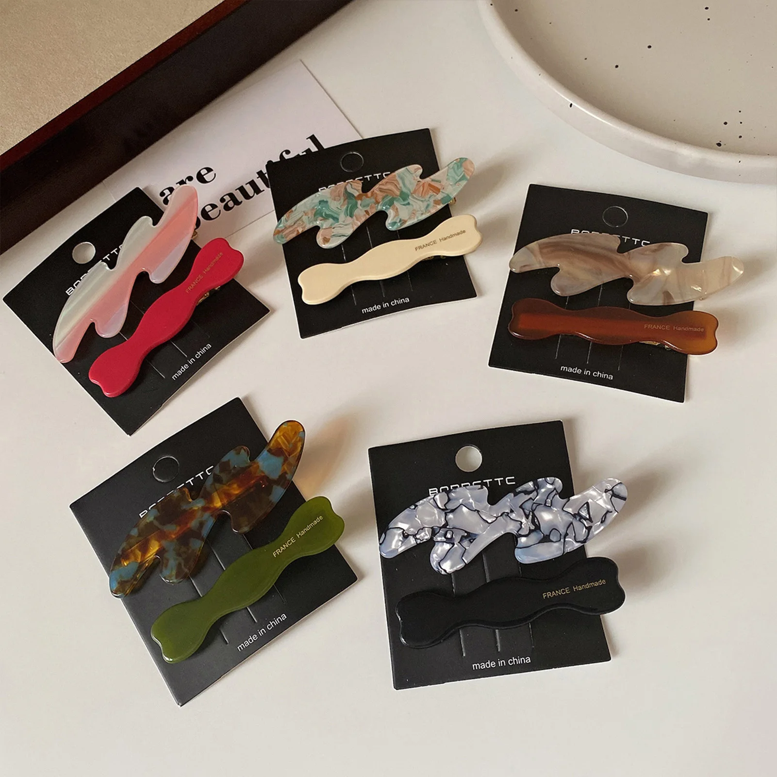 2 Stück/Set Acetat-Haarspangen, Wellenförmige Geometrische Haarnadeln, Bunte Bedruckte Haarklammern, Elegante Süße Niedliche Damen-Haaraccessoires