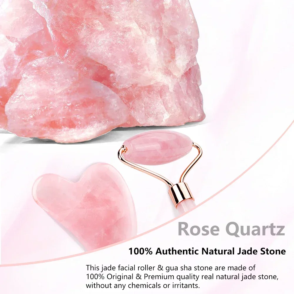 Natural Rose Quartz Jade Roller Gua Sha Set Facial Massager Roller Jade Stone Massage Face Lifting Beauty Dụng cụ massage chăm sóc da mặt Bộ dụng cụ cạo cằm Nâng cơ