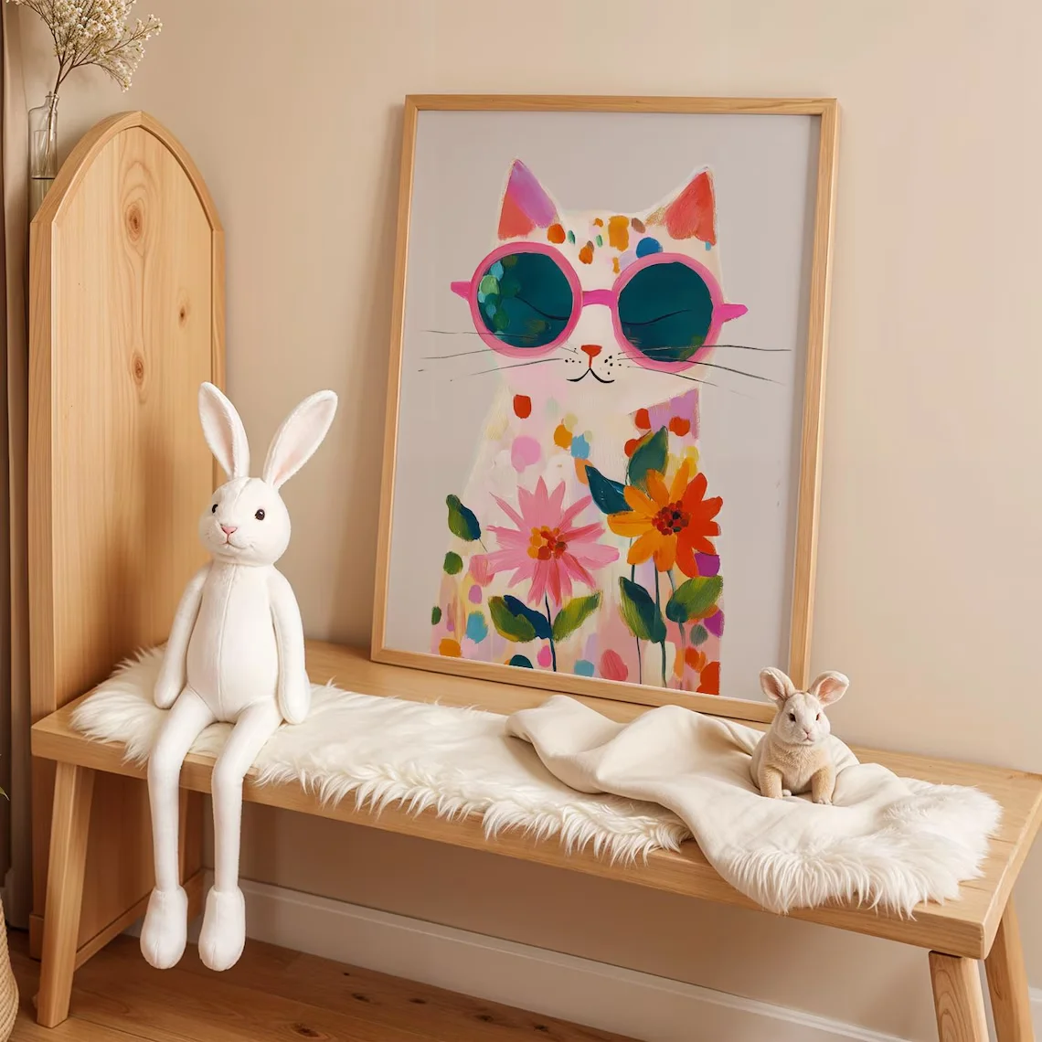 “Colorful Boho Cat Wall Art: Playful Polka Dot Kitten in Pink Sunglasses with Floral Accents – Vibrant Abstract Watercolor Print view 2