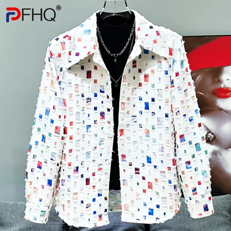 PFHQ Personalized Trendy Design Trendy Shirt New Loose Cool Casual Denim 2024 Contrast Color Turn-down Collar Tops 21Z7222