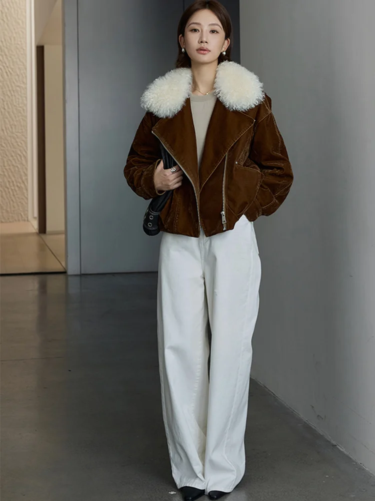 เสื้อโค้ทขนแกะแท้สำหรับผู้หญิง ฤดูหนาว 2026 พร้อมปกขนแกะ  เสื้อแจ็คเก็ตขนห่าน  ผ้าเดนิมธรรมชาติ  ผ้าลูกฟูก  เสื้อคลุมหรูหราสำหรับผู้หญิง