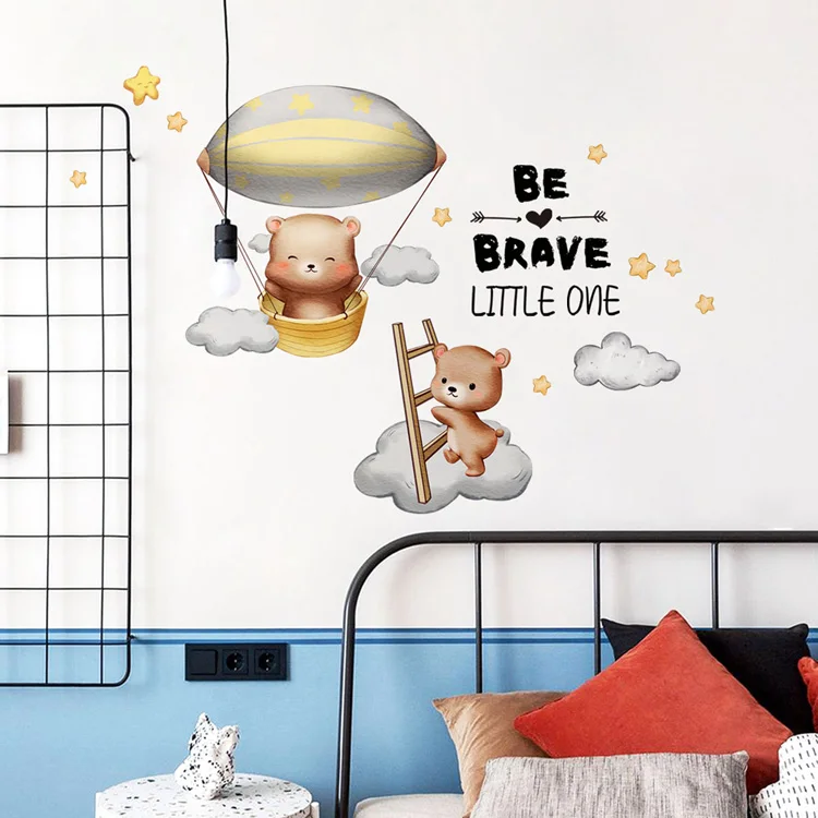 Cartoon-Bär-Heißluftballon-Wandaufkleber für Jungen, Kinderzimmer-Dekoration, Wandbild, Hintergrund-Dekoration für Zuhause, selbstklebende niedliche Tapete – Detail 6