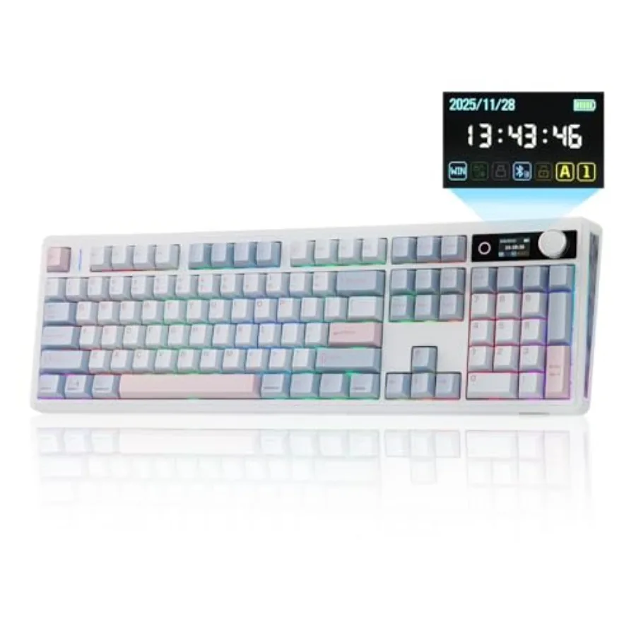 Wireless gaming keyboard for Mac/PC: full-size mechanical with screen knob PBT keycaps in black 10000mAh battery BT/2.4GHz hot-